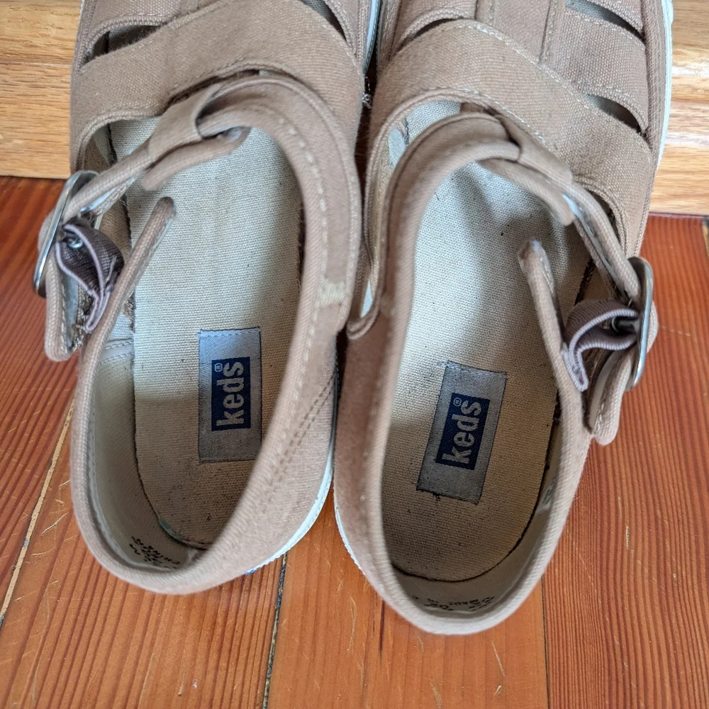 Keds Woven Canvas Sneakers - Women's 8.5 - fisherman basket weave buckle tan